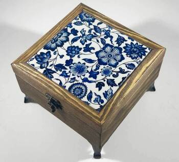 Boîte à bijoux en bois à motif floral bleu - Çini Evi