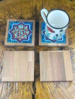 Botanical Motif Wooden Coaster Set - 2