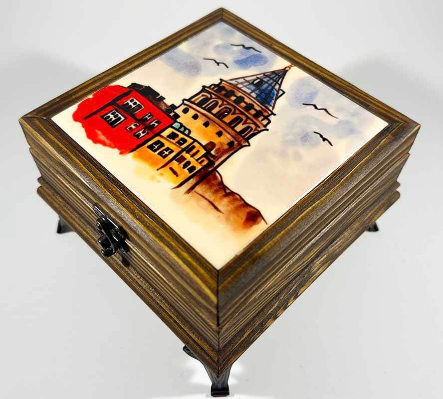Boîte de Rangement en Bois avec Motif Tour de Galata – Un Souvenir Élégant d’Istanbul - 1