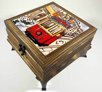 Boîte de Rangement en Bois – Motif Tour de Galata et Tramway d’Istanbul - Çini Evi