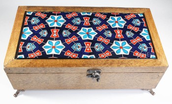 Boîte de rangement en bois à motifs de carreaux bleus - 1