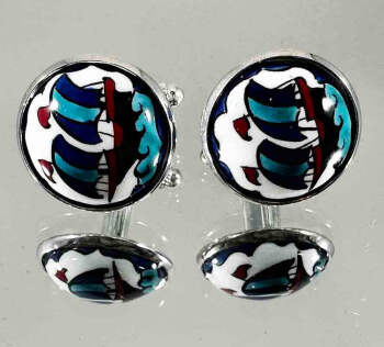Boutons de manchette en céramique d’Iznik motif galion Vent marin - 2