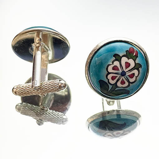 Boutons de manchette en céramique d’Iznik motif printemps sur fond turquoise - 1