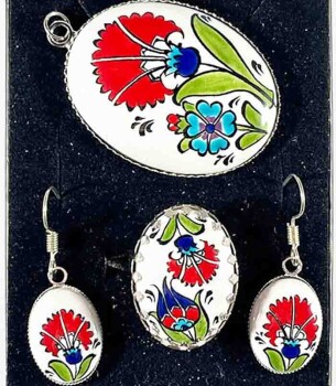 Cadeau pour un ami Ensemble de bijoux Iznik à motifs de tulipes rouges - Çini Evi