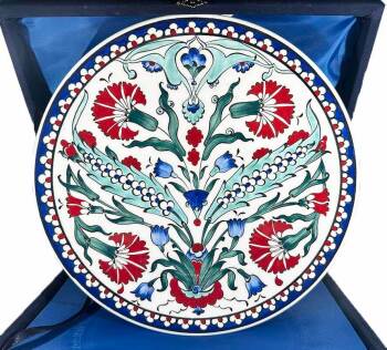 Carnation and Blue Flower Pattern Iznik Plate – Protocol Gift 25 cm - Çini Evi