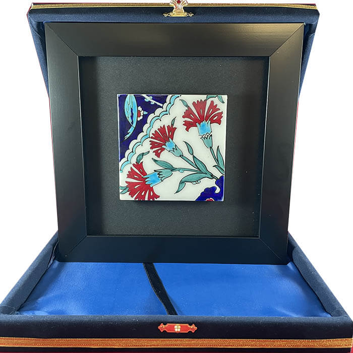 Carnation Motif Iznik Ceramic Plaque with Mat Frame - 1