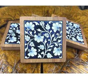 Carnation Motif Wooden Coaster Set - Çini Evi
