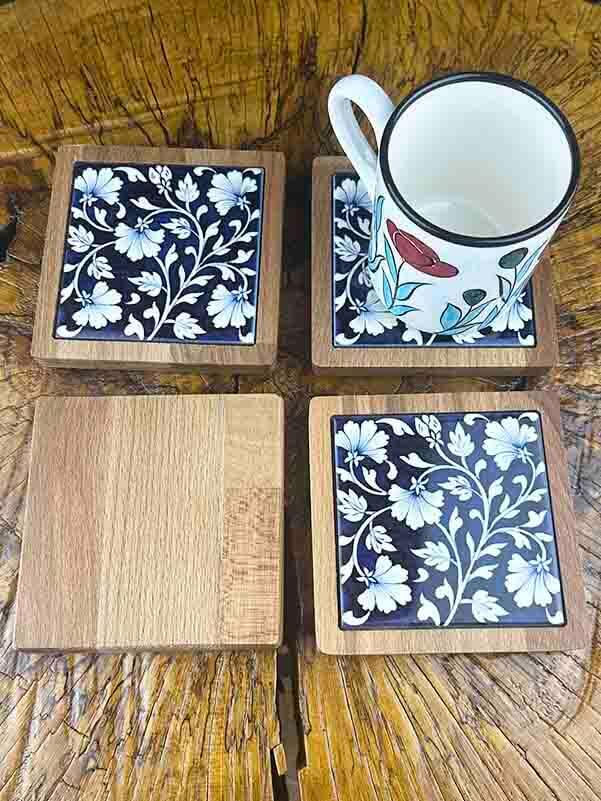 Carnation Motif Wooden Coaster Set - 2