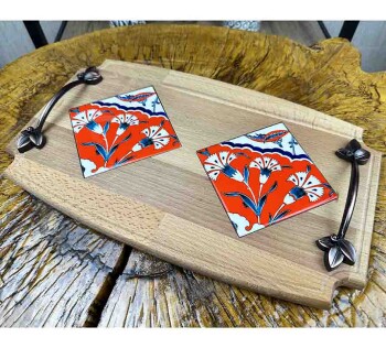 Carnation Motif Wooden Tray - Çini Evi