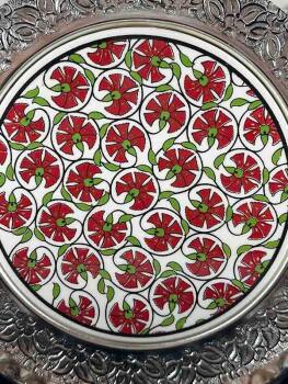 Carnation Patterned Silver Decorative Plate - Çini Evi (1)