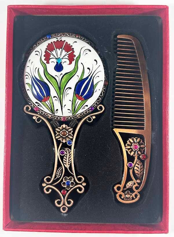 Carnation & Tulip Patterned Mirror and Comb Gift Set – Iznik Ceramic Inspired Elegance - 1