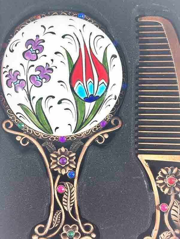 Iznik Ceramic Mirror Set Gift for Loved One with Hyacinth and Tulip - 2