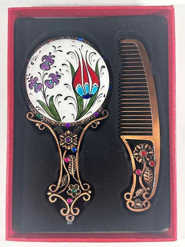 Iznik Ceramic Mirror Set Gift for Loved One with Hyacinth and Tulip - 1