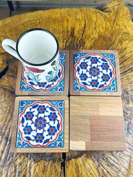 Çiçek Motifli Ahşap Bardak Altlığı Takımı - Çini Evi (1)