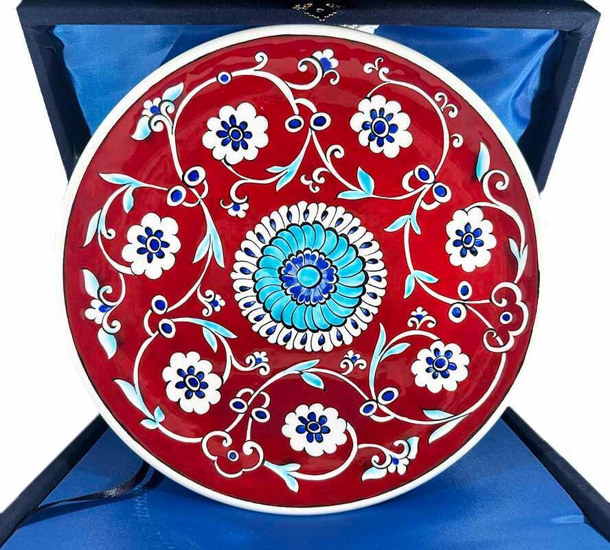 Congratulations Gift Red Background Floral Pattern Iznik Ceramic Plate - 1