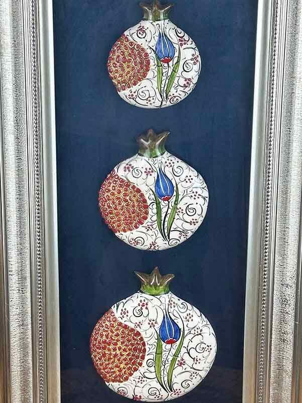 Corporate Gift: Triple Iznik Ceramic Pomegranate Panel with Blue Tulip Motifs - 2