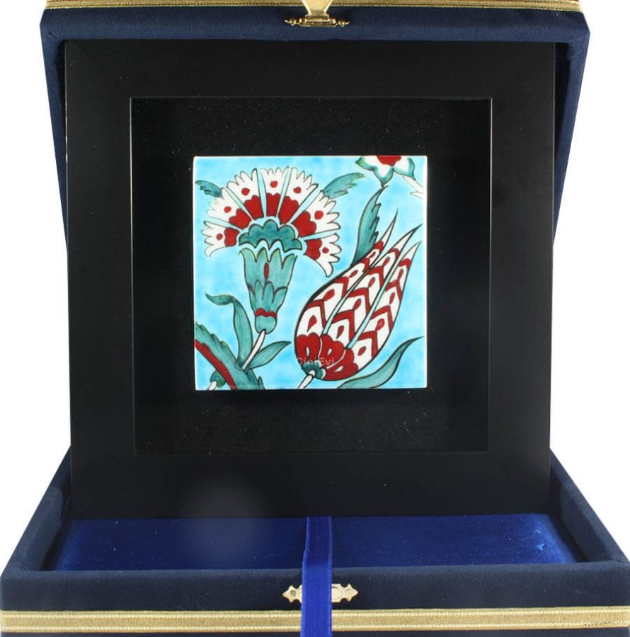Corporate Plaque with Tulip and Carnation Motifs on Turquoise Background, - 1