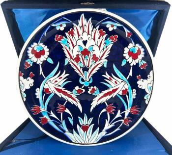 Cultural Heritage Handmade Iznik Ceramic Plate with Tulip and Hatayi Motifs - Çini Evi