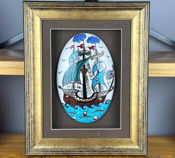Cultural Representation Gift – Handmade Iznik Tile Wall Art with Ottoman Galleon Motif - Çini Evi