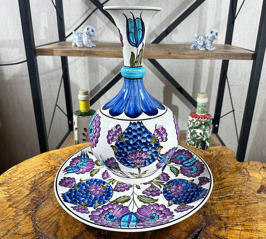 Damascus Style Motif Vase and Plate Set Symbolizing the Power of the Ottoman Empire - 1