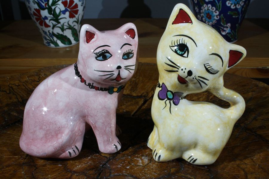 Double Cats Pottery Figurine - 1