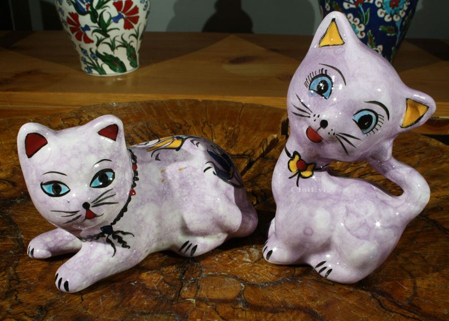 Double Cats Pottery Figurine - 1