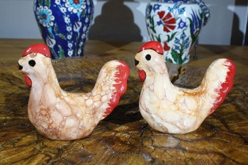 Double Pottery Chicken Figurines - 2