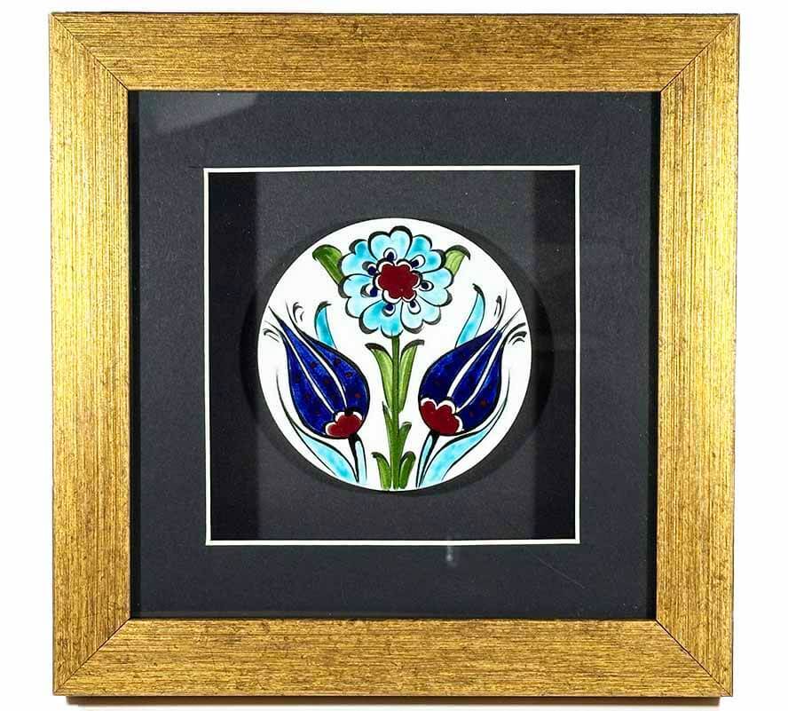 Double Tulip Motif Iznik Tile Framed Plaque - 1