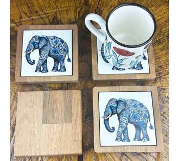 Elephant Motif Wooden Coaster Set - 2