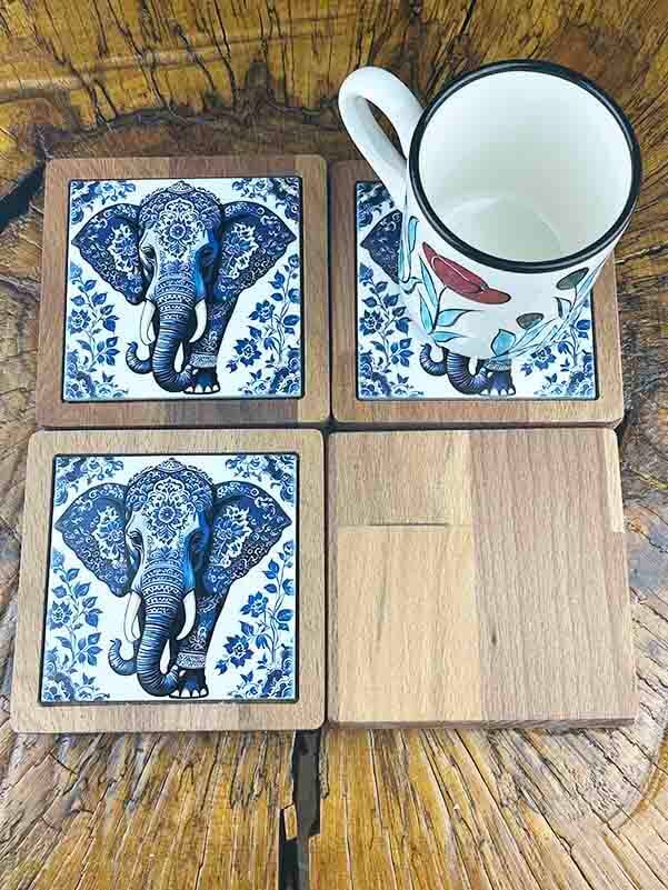 Elephant Patterned Wooden Coaster Set - 2