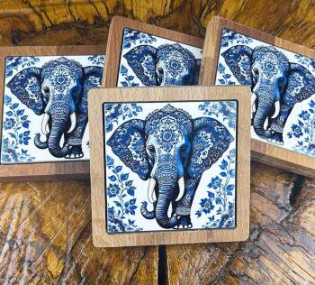Elephant Patterned Wooden Coaster Set - Çini Evi