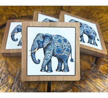 Elephant Patterned Wooden Coaster Set - Çini Evi