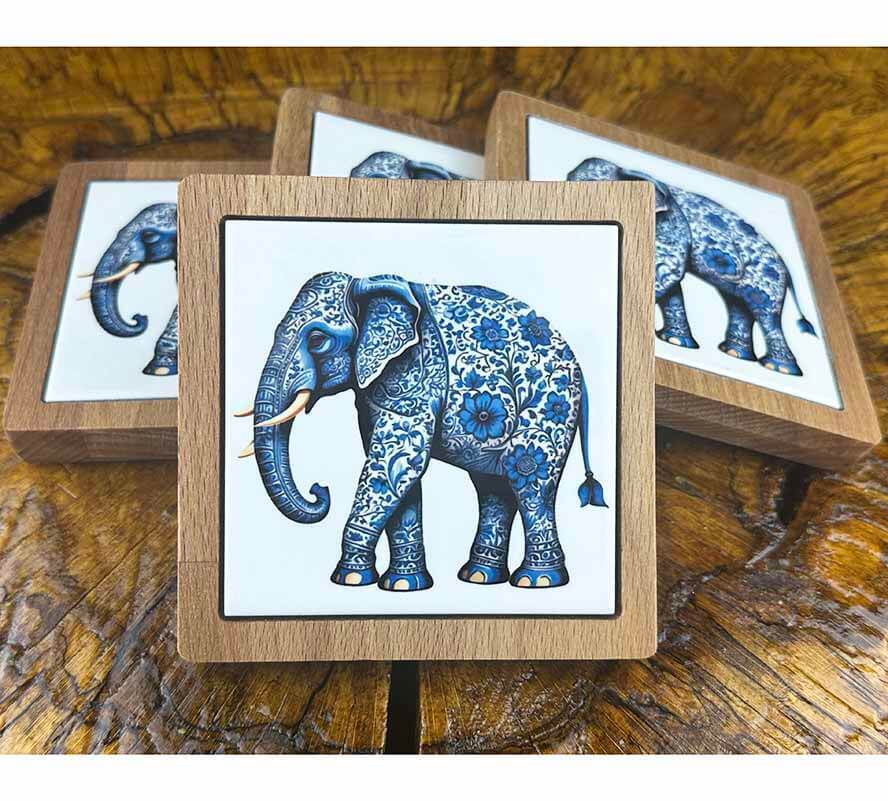 Elephant Patterned Wooden Coaster Set - 1