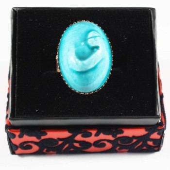 Embossed Vav Turquoise Stone Ceramic Ring - Çini Evi