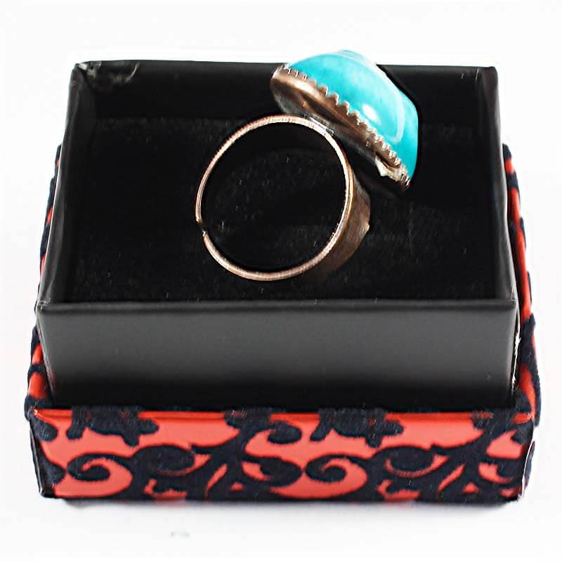 Embossed Vav Turquoise Stone Ceramic Ring - 2