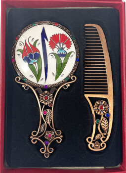 Ensemble miroir festonné de motif à base de plantes - Çini Evi