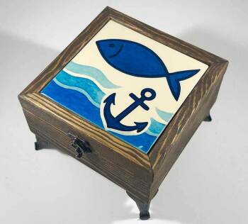 Fish and Anchor Motif Wooden Storage Box Reflecting the Sailor Spirit - Çini Evi
