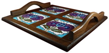 Flower Garden Ceramic Wooden Tray - Çini Evi (1)