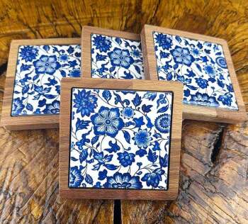 Flower Motif Wooden Coaster Set - Çini Evi