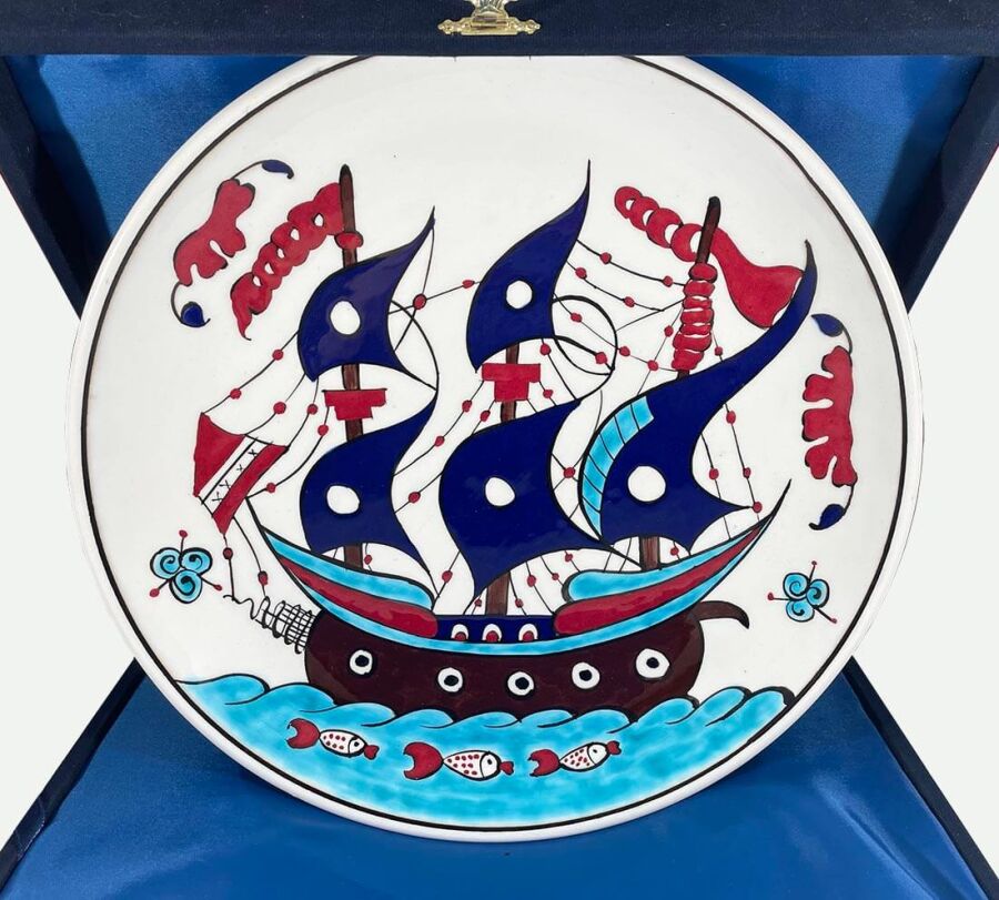 Galleon Motif 25 cm Iznik Ceramic Plate - 1