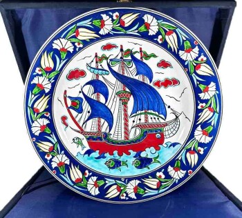 Galleon Motif 30 cm Iznik Ceramic Plate - Çini Evi