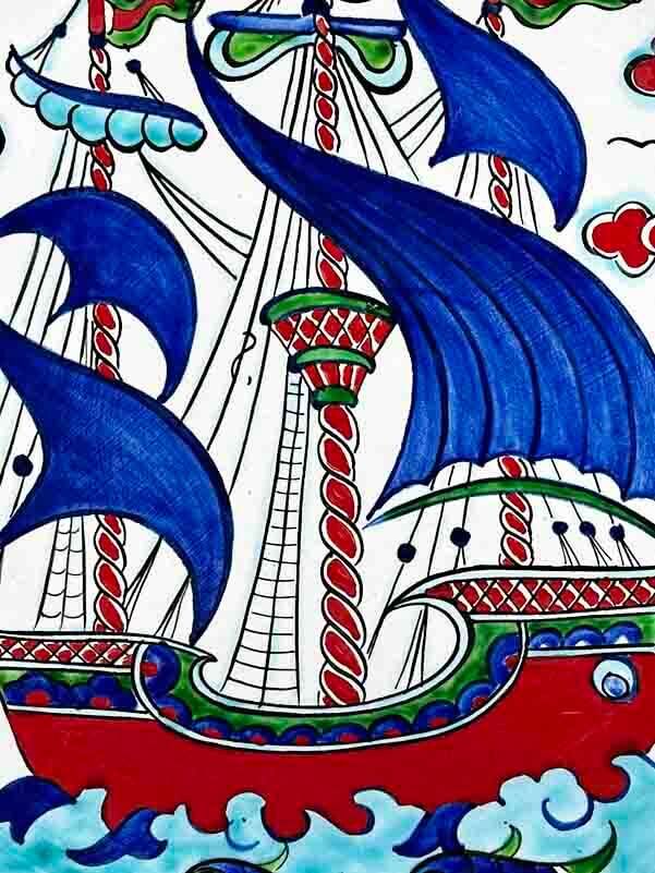 Galleon Motif 30 cm Iznik Ceramic Plate - 2
