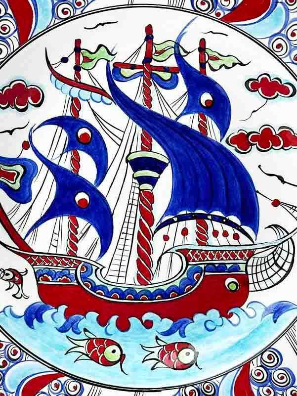 Galleon Motif 30 cm Iznik Ceramic Plate Gift for a Sailor - 4