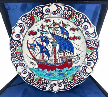 Galleon Pattern Iznik Ceramic Plate - New Beginning and Career Gift - Çini Evi