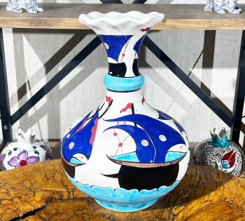 Galleon Pattern Iznik Ceramic Vase - Çini Evi