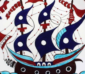 Galleon Pattern Iznik Pottery Plate - Çini Evi (1)