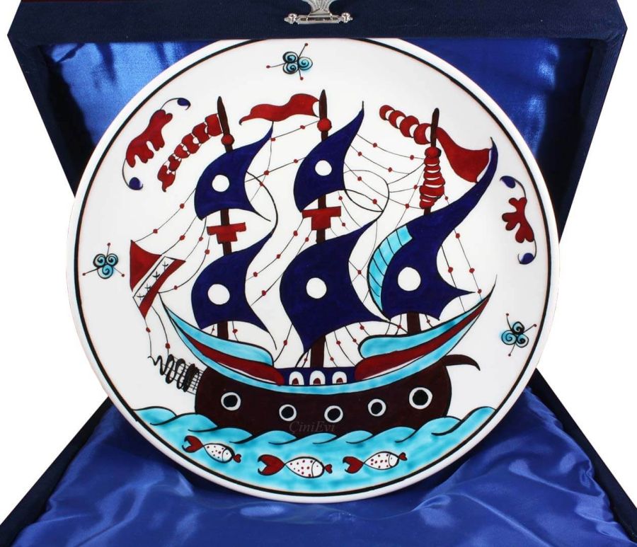 Galleon Pattern Iznik Pottery Plate - 1