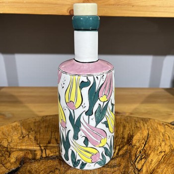 Gelber und rosafarbener Öltopf mit Tulpenmuster, - 1