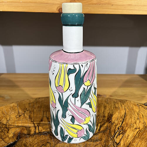 Gelber und rosafarbener Öltopf mit Tulpenmuster, - 1