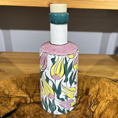 Gelber und rosafarbener Öltopf mit Tulpenmuster, - 2